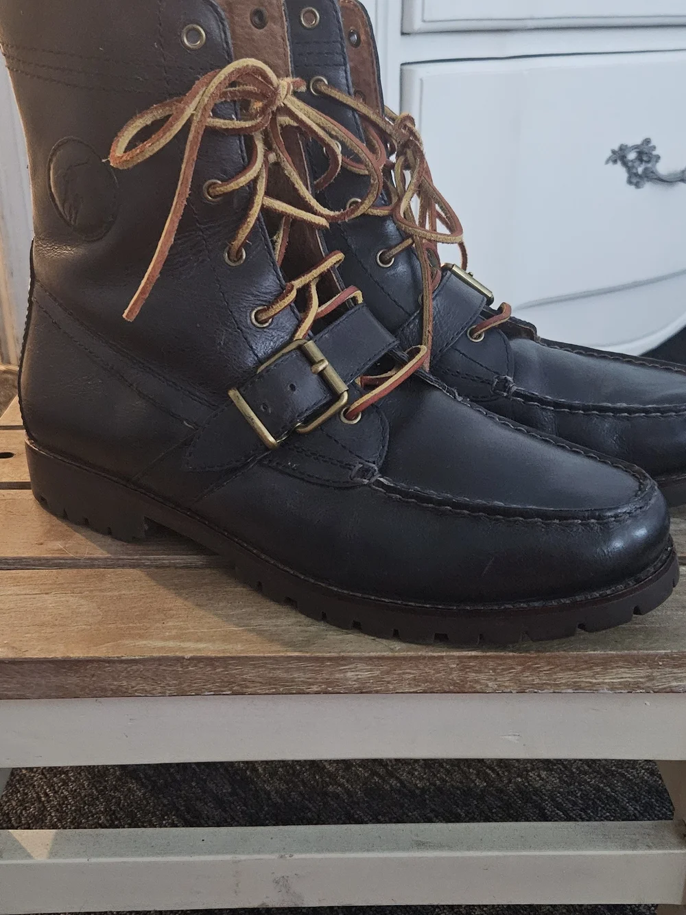 Ralph Lauren Newport Navy Leather Lace-Up Ranger Boots. Size: 11
